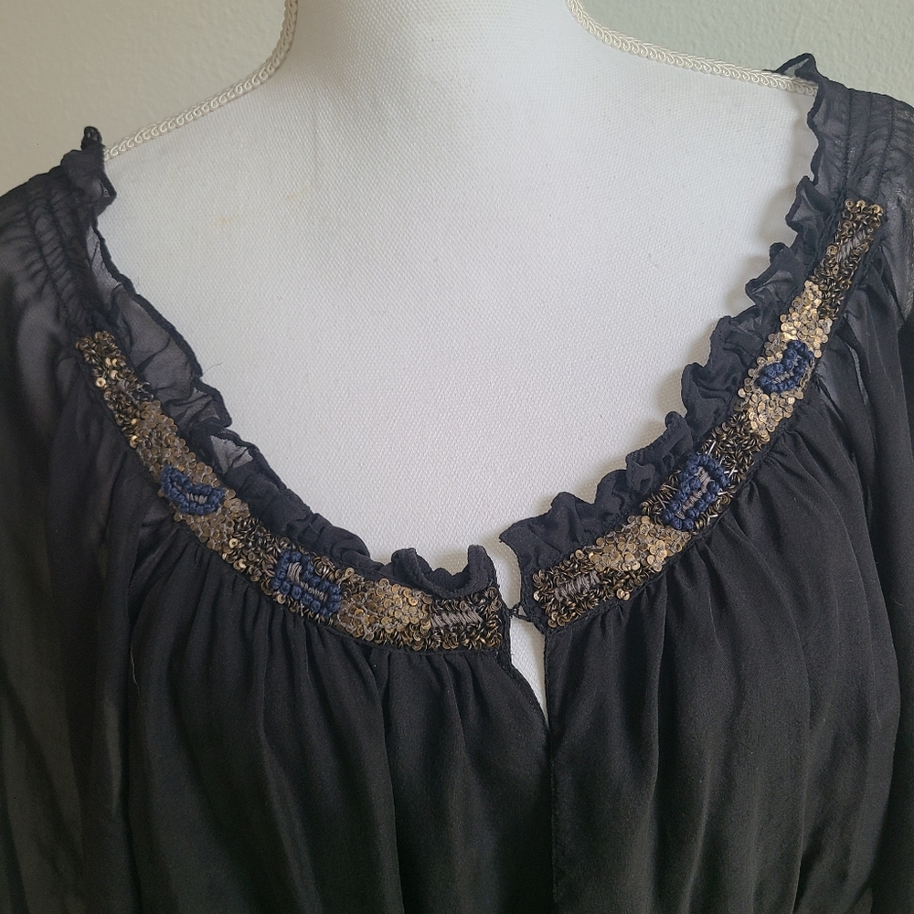 SAIVANA Sheer Black Blouse w/ Tie & Embellishment - Picture 2 of 10